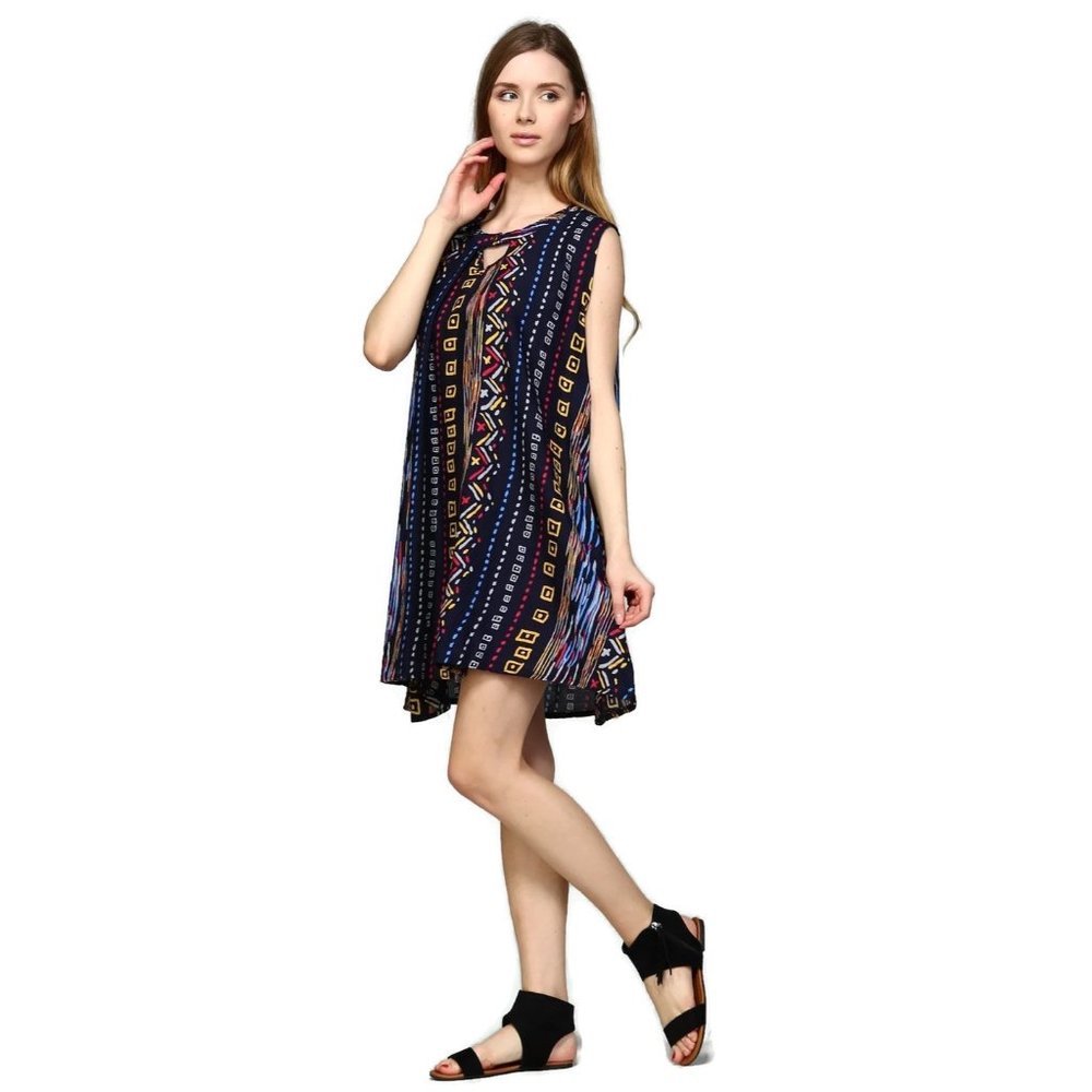 Velzera Tribal Sleeveless Keyhole Dress, Blue